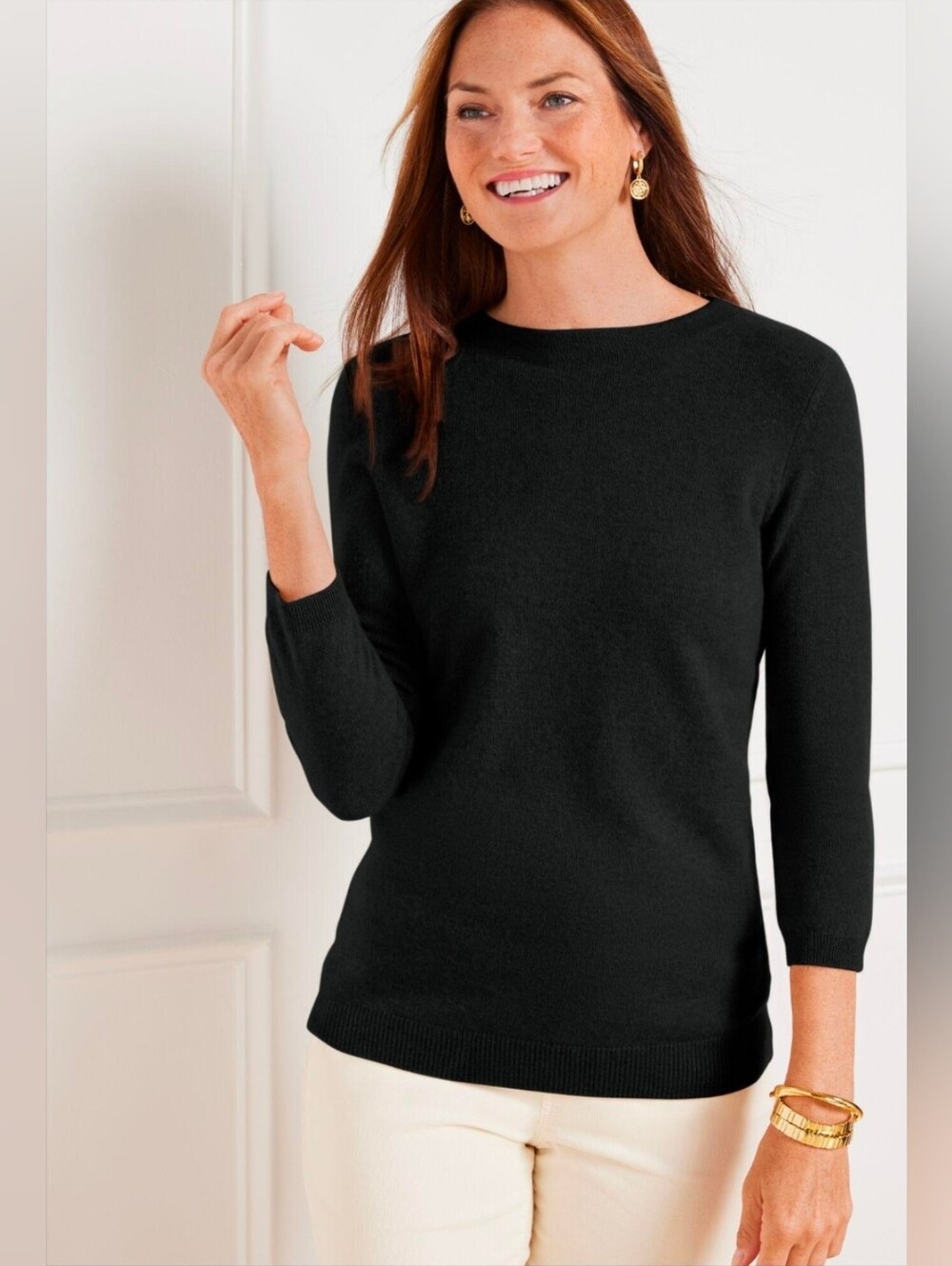 Talbots Pure Cashmere Crew Neck Sweater 3/4 Sleeves Black Sz XL